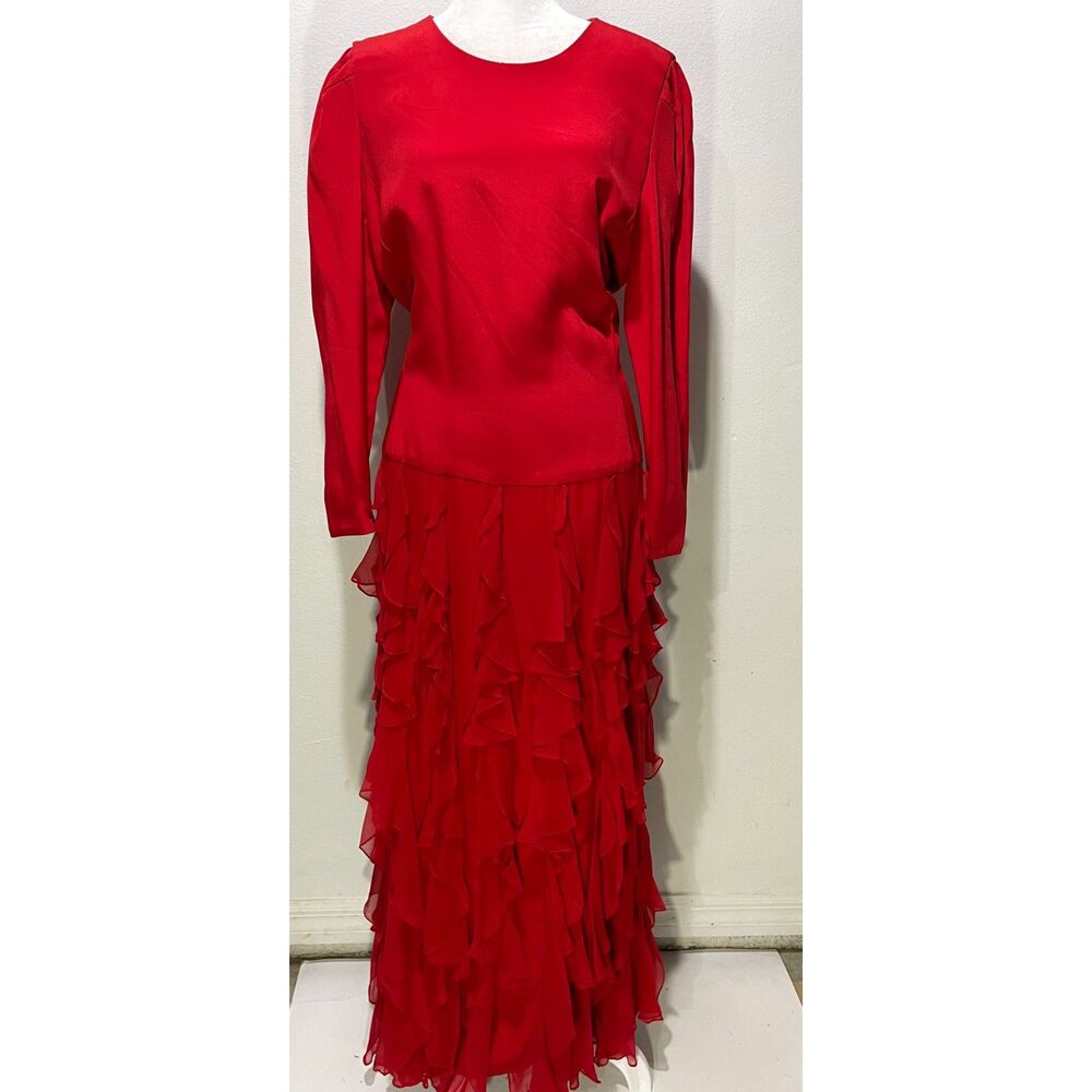 Carolina Herrera plunging Ruffle silk Gown USA dropped waist red women 12